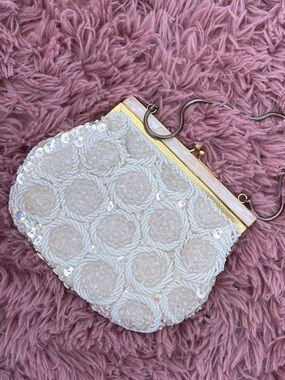 Vintage 1950s White Embellished Evening Frame Bag with Gold Accents